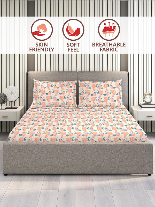 Marigold 100% Cotton 144 TC Peach Floral King Size Bedsheet with 2 Pillow Covers