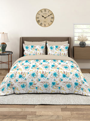 Marigold 100% Cotton 144 TC Blue White Floral King Size Bedsheet with 2 Pillow Covers
