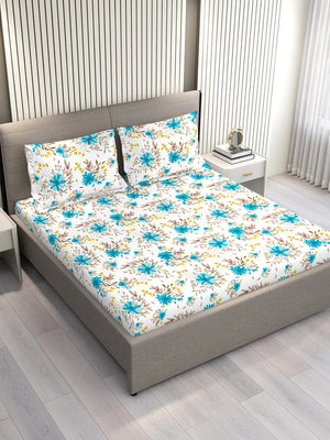 Marigold 100% Cotton 144 TC Blue White Floral King Size Bedsheet with 2 Pillow Covers