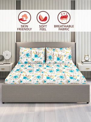 Marigold 100% Cotton 144 TC Blue White Floral King Size Bedsheet with 2 Pillow Covers