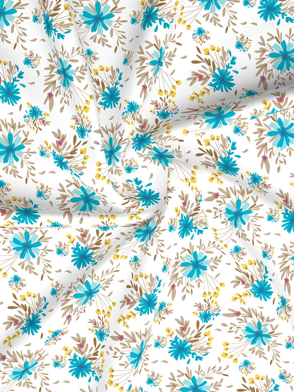 Marigold 100% Cotton 144 TC Blue White Floral King Size Bedsheet with 2 Pillow Covers