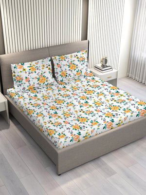 Marigold 100% Cotton 144 TC Multicolor Floral King Size Bedsheet with 2 Pillow Covers