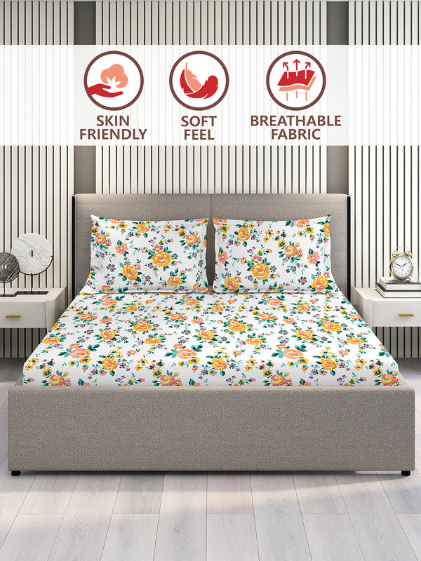 Marigold 100% Cotton 144 TC Multicolor Floral King Size Bedsheet with 2 Pillow Covers