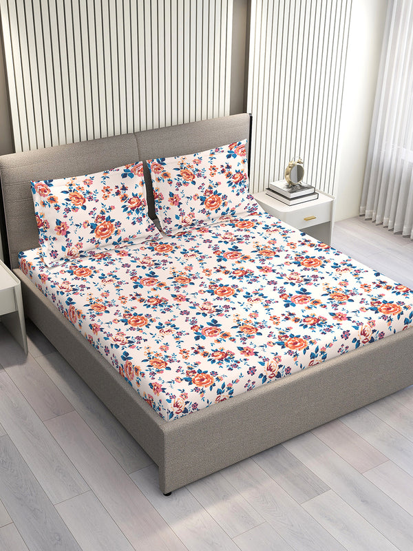 Marigold 100% Cotton 144 TC Pink Floral King Size Bedsheet with 2 Pillow Covers