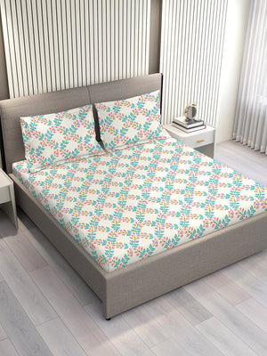 Marigold 100% Cotton 144 TC Blue Floral King Size Bedsheet with 2 Pillow Covers