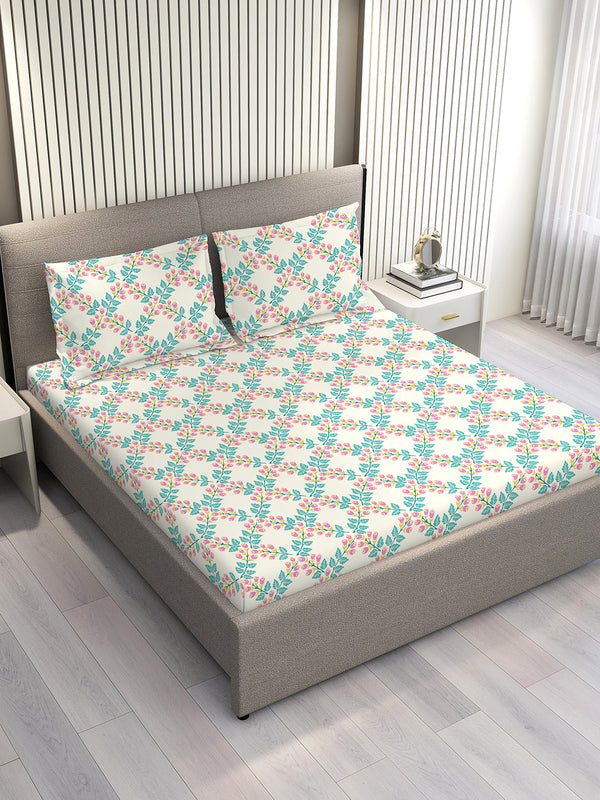 Marigold 100% Cotton 144 TC Blue Floral King Size Bedsheet with 2 Pillow Covers