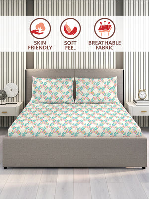 Marigold 100% Cotton 144 TC Blue Floral King Size Bedsheet with 2 Pillow Covers