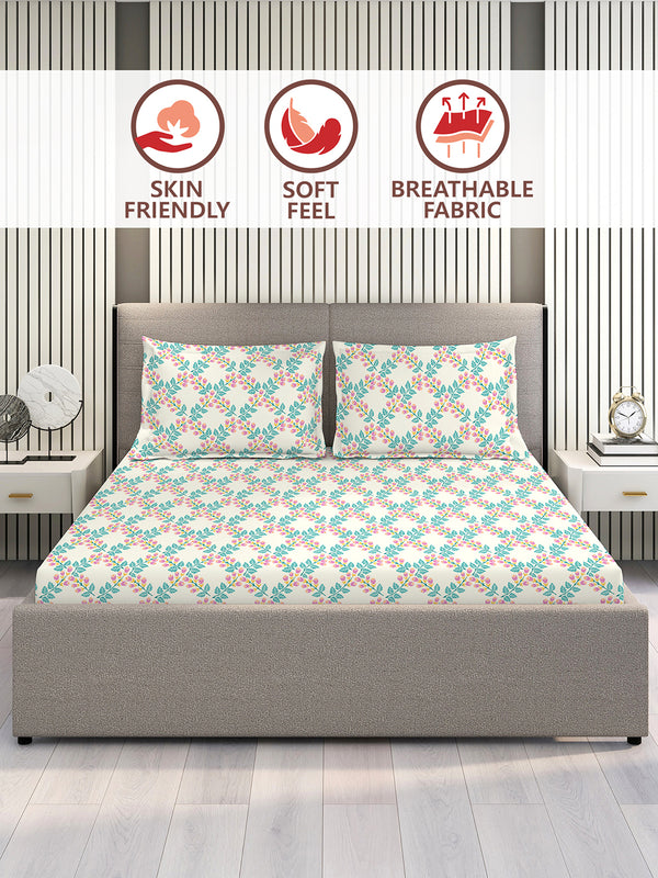 Marigold 100% Cotton 144 TC Blue Floral King Size Bedsheet with 2 Pillow Covers