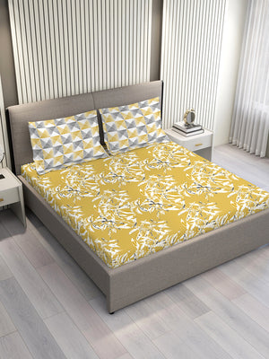Illuminating Homes 100% Cotton 144 TC Yellow Floral Double Size Bedsheet with 2 Pillow Covers