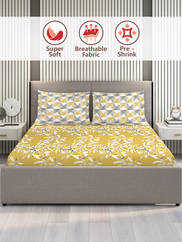 Illuminating Homes 100% Cotton 144 TC Yellow Floral Double Size Bedsheet with 2 Pillow Covers