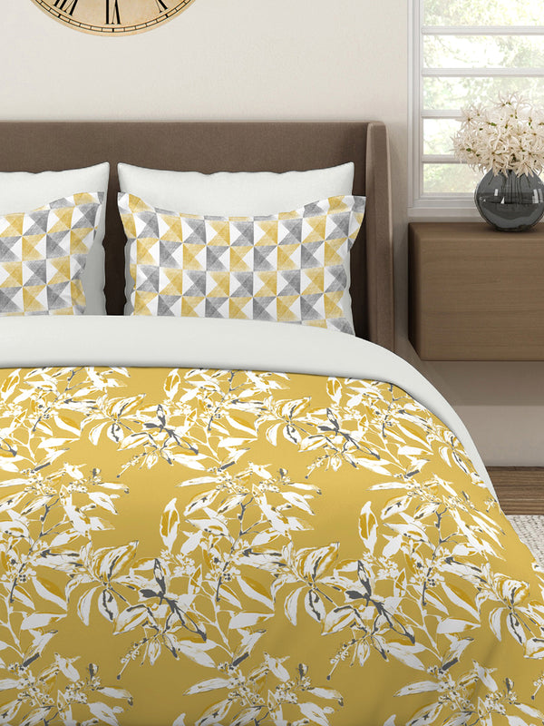 Illuminating Homes 100% Cotton 144 TC Yellow Floral Double Size Bedsheet with 2 Pillow Covers