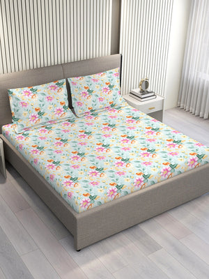 Bloom Microfibre 115 GSM Light Green Floral Double Size Bedsheet with 2 Pillow Covers