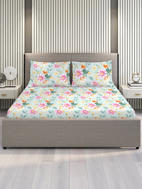 Bloom Microfibre 115 GSM Light Green Floral Double Size Bedsheet with 2 Pillow Covers
