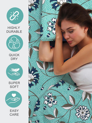Bloom Microfibre 115 GSM Blue Floral Double Size Bedsheet with 2 Pillow Covers