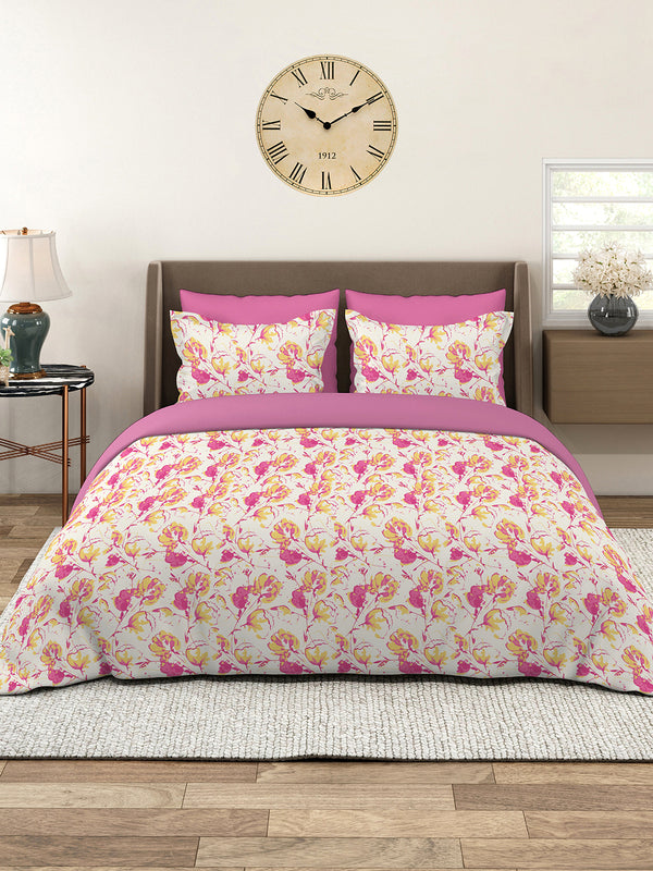 Lumina Floret 100% Cotton 144 TC Pink White Floral King Size Bedsheet with 2 Pillow Covers