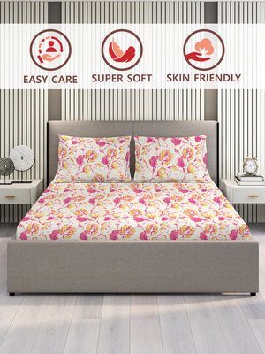 Lumina Floret 100% Cotton 144 TC Pink White Floral King Size Bedsheet with 2 Pillow Covers