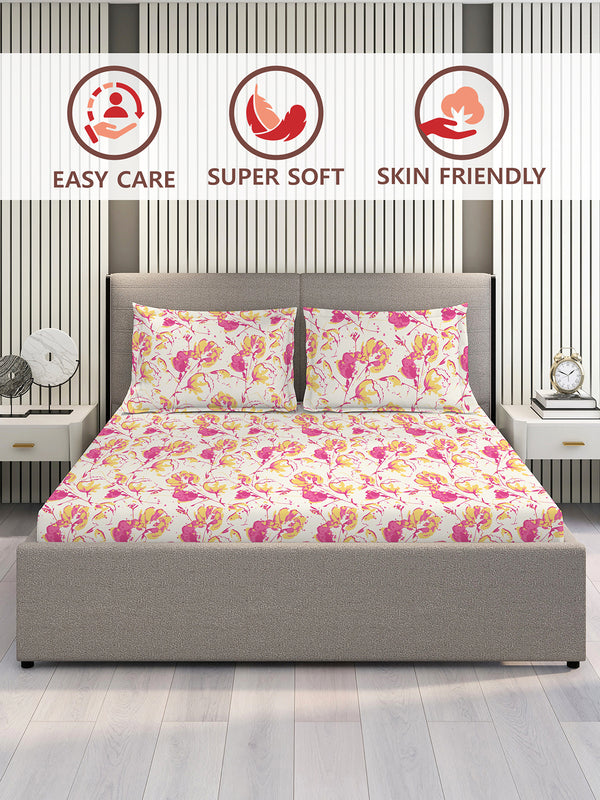 Lumina Floret 100% Cotton 144 TC Pink White Floral King Size Bedsheet with 2 Pillow Covers