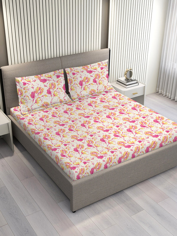 Lumina Floret 100% Cotton 144 TC Pink White Floral King Size Bedsheet with 2 Pillow Covers