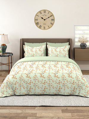 Home Easy 100% Cotton 144 TC Light Green Floral King Size Bedsheet with 2 Pillow Covers