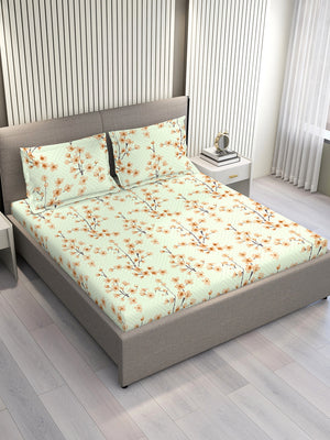Home Easy 100% Cotton 144 TC Light Green Floral King Size Bedsheet with 2 Pillow Covers