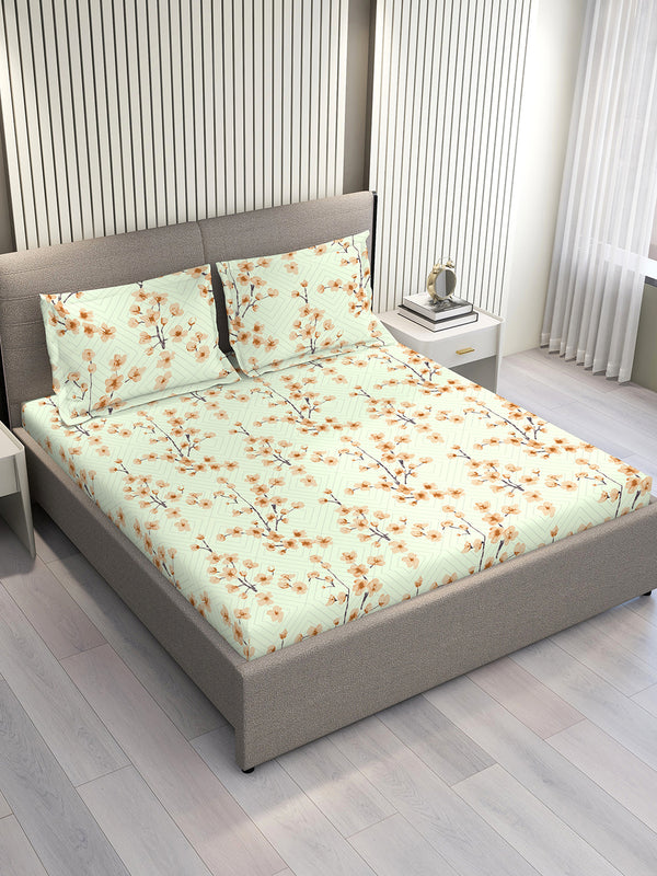 Home Easy 100% Cotton 144 TC Light Green Floral King Size Bedsheet with 2 Pillow Covers