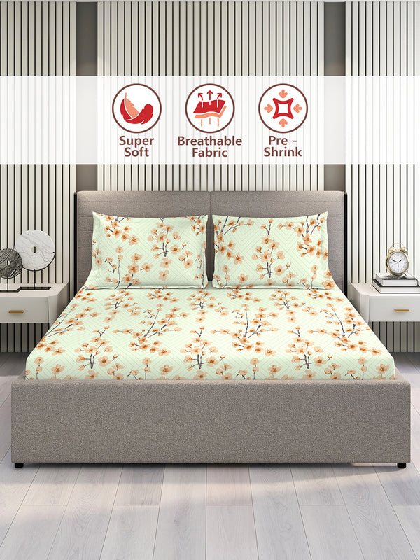 Home Easy 100% Cotton 144 TC Light Green Floral King Size Bedsheet with 2 Pillow Covers