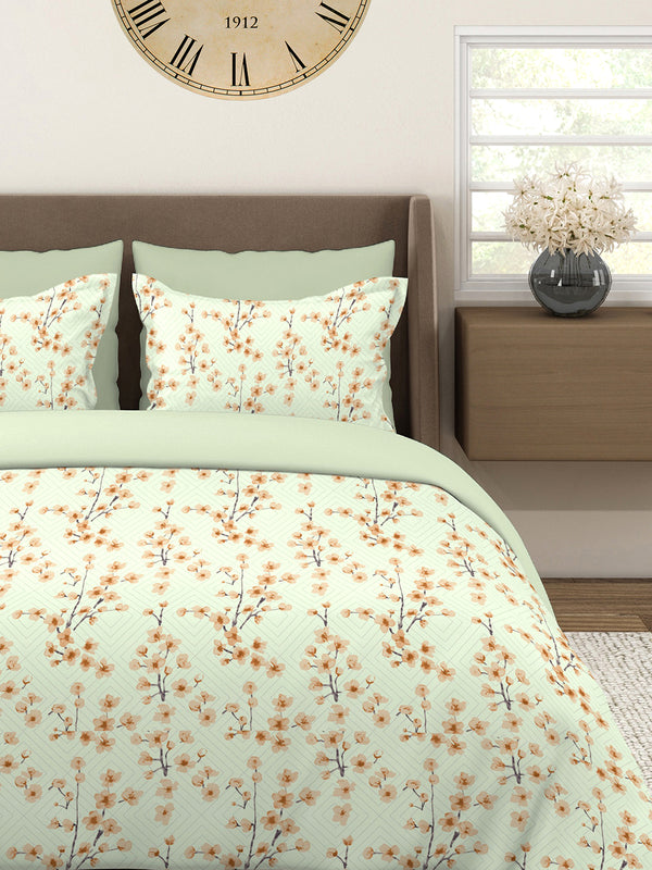 Home Easy 100% Cotton 144 TC Light Green Floral King Size Bedsheet with 2 Pillow Covers