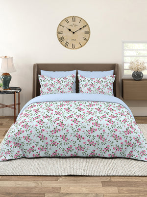 Home Easy 100% Cotton 144 TC Blue Floral King Size Bedsheet with 2 Pillow Covers