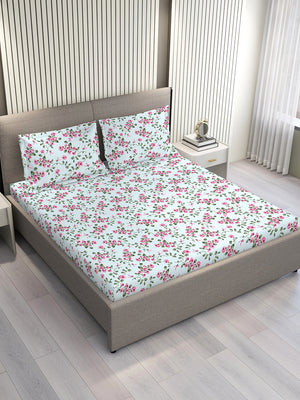 Home Easy 100% Cotton 144 TC Blue Floral King Size Bedsheet with 2 Pillow Covers