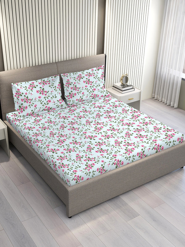 Home Easy 100% Cotton 144 TC Blue Floral King Size Bedsheet with 2 Pillow Covers