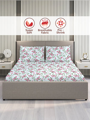 Home Easy 100% Cotton 144 TC Blue Floral King Size Bedsheet with 2 Pillow Covers