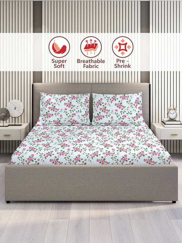 Home Easy 100% Cotton 144 TC Blue Floral King Size Bedsheet with 2 Pillow Covers
