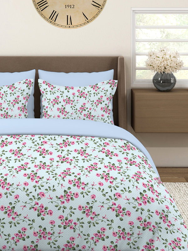 Home Easy 100% Cotton 144 TC Blue Floral King Size Bedsheet with 2 Pillow Covers