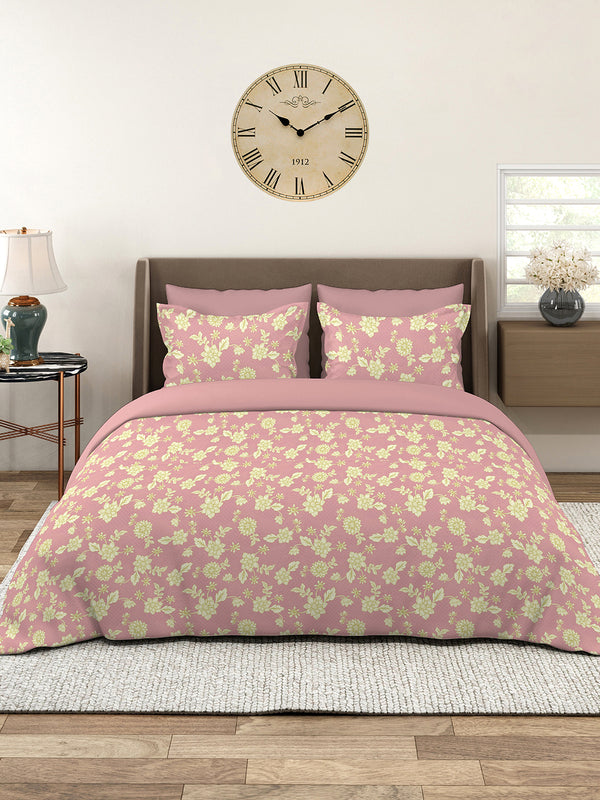 Home Easy 100% Cotton 144 TC Pink Floral King Size Bedsheet with 2 Pillow Covers