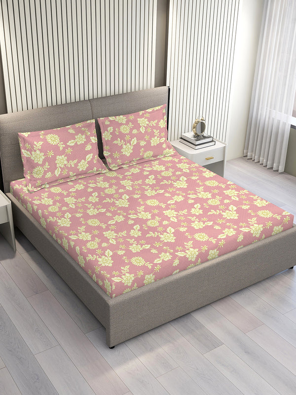 Home Easy 100% Cotton 144 TC Pink Floral King Size Bedsheet with 2 Pillow Covers