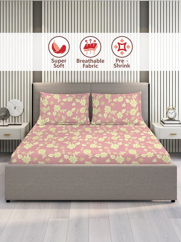 Home Easy 100% Cotton 144 TC Pink Floral King Size Bedsheet with 2 Pillow Covers
