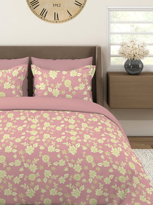 Home Easy 100% Cotton 144 TC Pink Floral King Size Bedsheet with 2 Pillow Covers