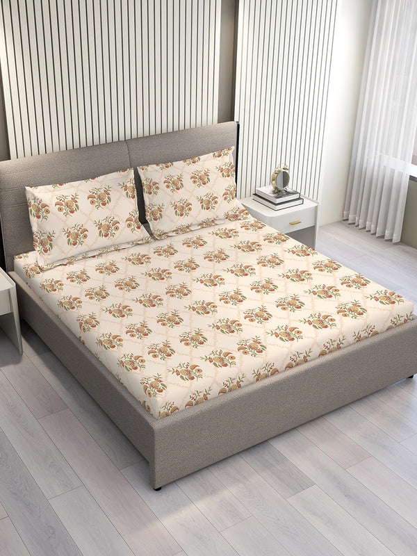 Home Easy 100% Cotton 144 TC Beige Floral King Size Bedsheet with 2 Pillow Covers