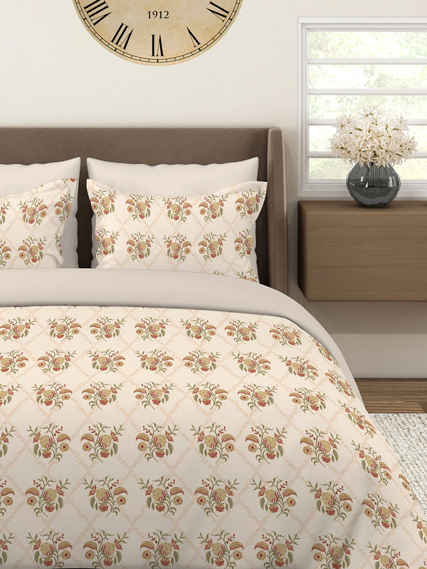 Home Easy 100% Cotton 144 TC Beige Floral King Size Bedsheet with 2 Pillow Covers