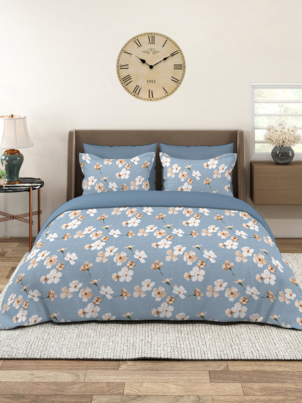Home Easy 100% Cotton 144 TC Blue Floral King Size Bedsheet with 2 Pillow Covers