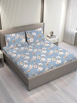 Home Easy 100% Cotton 144 TC Blue Floral King Size Bedsheet with 2 Pillow Covers