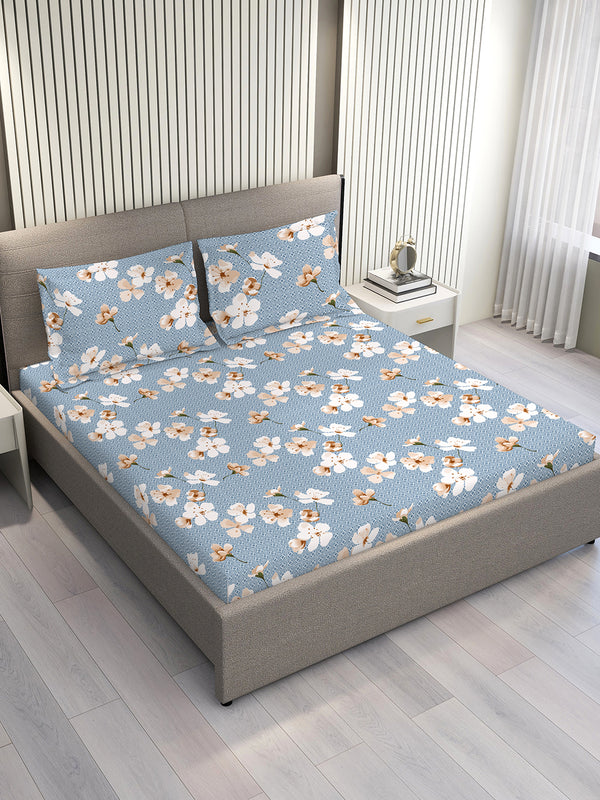 Home Easy 100% Cotton 144 TC Blue Floral King Size Bedsheet with 2 Pillow Covers