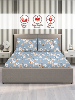 Home Easy 100% Cotton 144 TC Blue Floral King Size Bedsheet with 2 Pillow Covers