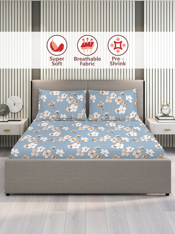 Home Easy 100% Cotton 144 TC Blue Floral King Size Bedsheet with 2 Pillow Covers