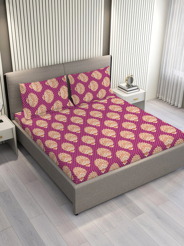 Glory 100% Cotton 144 TC Magenta Ethnic Double Size Bedsheet with 2 Pillow Covers