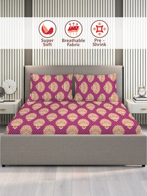 Glory 100% Cotton 144 TC Magenta Ethnic Double Size Bedsheet with 2 Pillow Covers