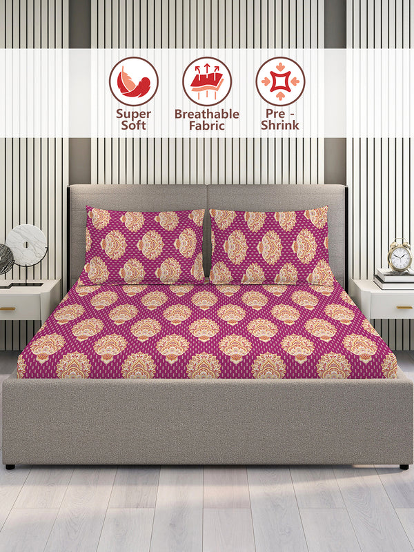 Glory 100% Cotton 144 TC Magenta Ethnic Double Size Bedsheet with 2 Pillow Covers