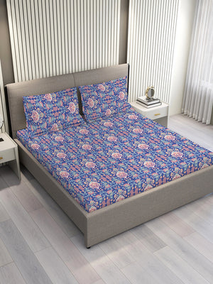 Glory 100% Cotton 144 TC Blue Ethnic Double Size Bedsheet with 2 Pillow Covers