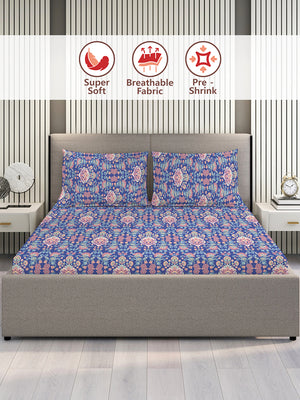 Glory 100% Cotton 144 TC Blue Ethnic Double Size Bedsheet with 2 Pillow Covers