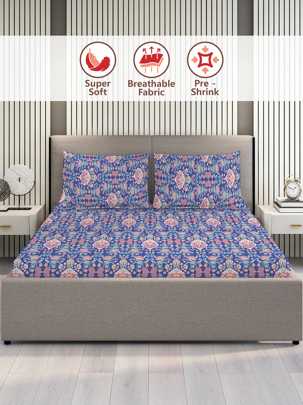 Glory 100% Cotton 144 TC Blue Ethnic Double Size Bedsheet with 2 Pillow Covers